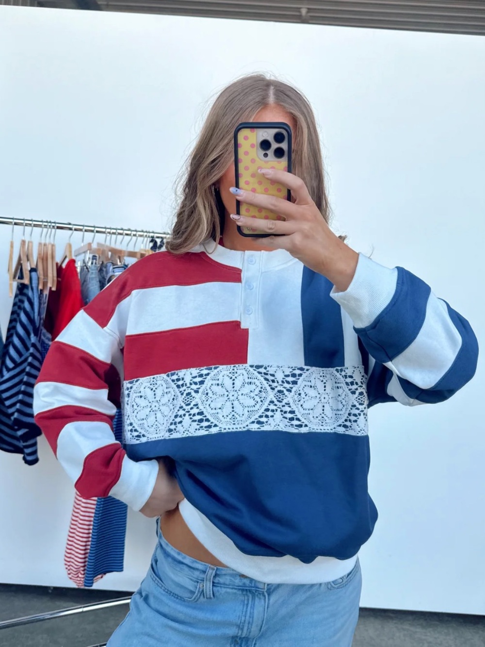 Le LisWomen's Red, White & Navy Lace-Trim Rugby Pullover